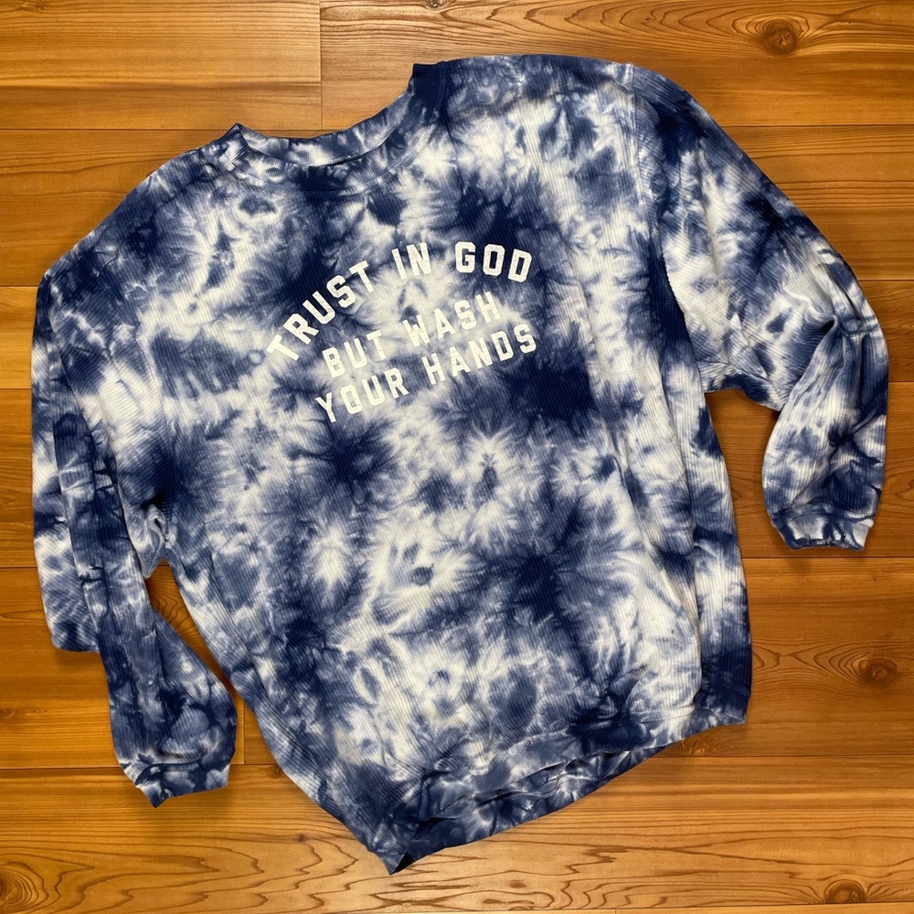 The Light Blonde Women’s Tie Dye Luxury Corded Ribbed Crewneck White Blue XL New